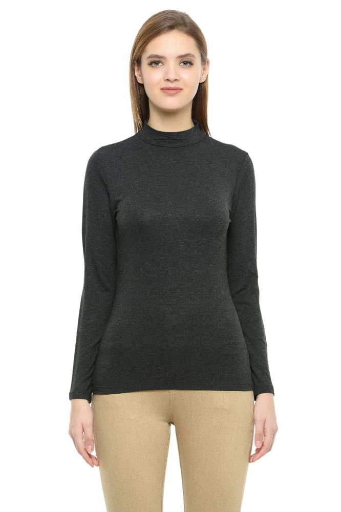 Picture of Frenchtrendz Cotton Spandex Charcoal Grey Mock Neck Full Sleeve Tops