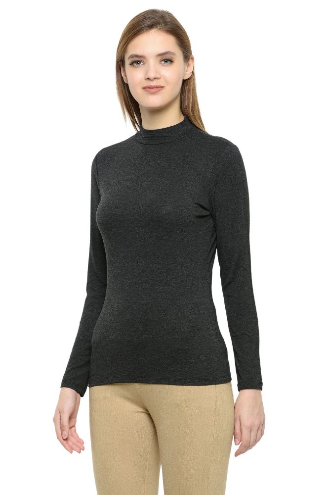 Picture of Frenchtrendz Cotton Spandex Charcoal Grey Mock Neck Full Sleeve Tops