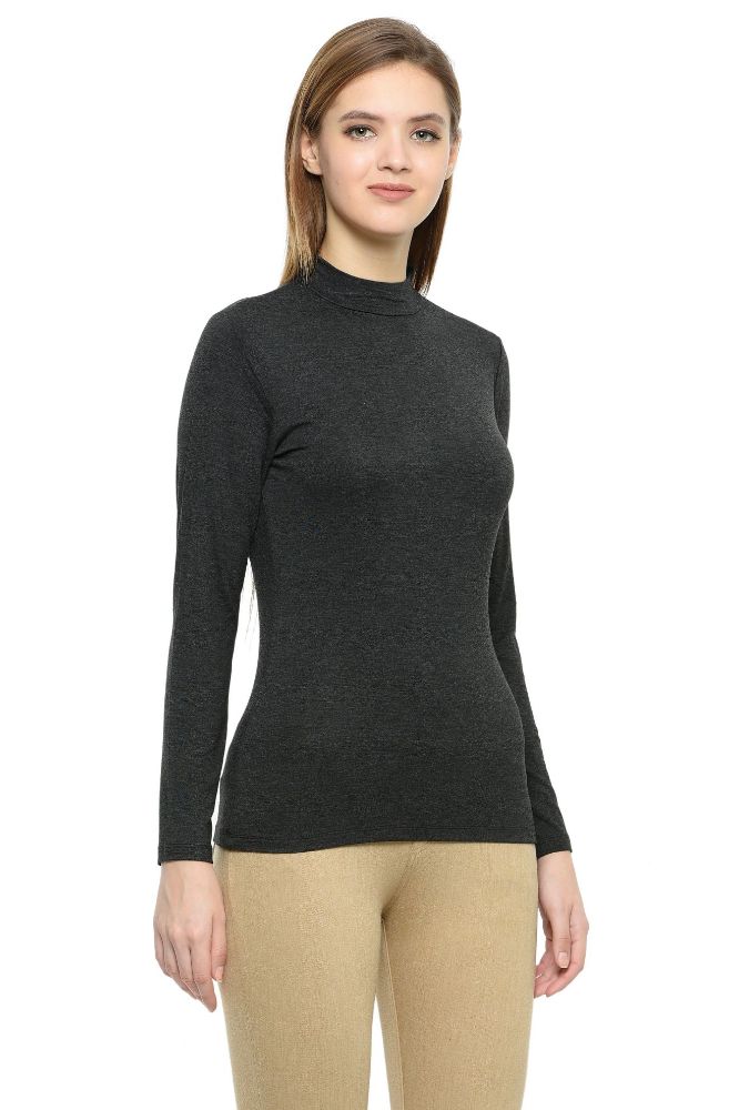 Picture of Frenchtrendz Cotton Spandex Charcoal Grey Mock Neck Full Sleeve Tops