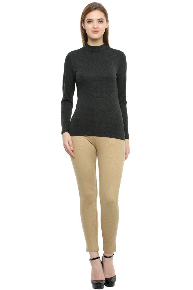 Picture of Frenchtrendz Cotton Spandex Charcoal Grey Mock Neck Full Sleeve Tops