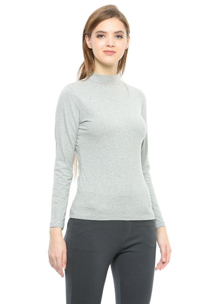 Picture of Frenchtrendz Cotton Spandex Light Grey Mock Neck Full Sleeve Tops