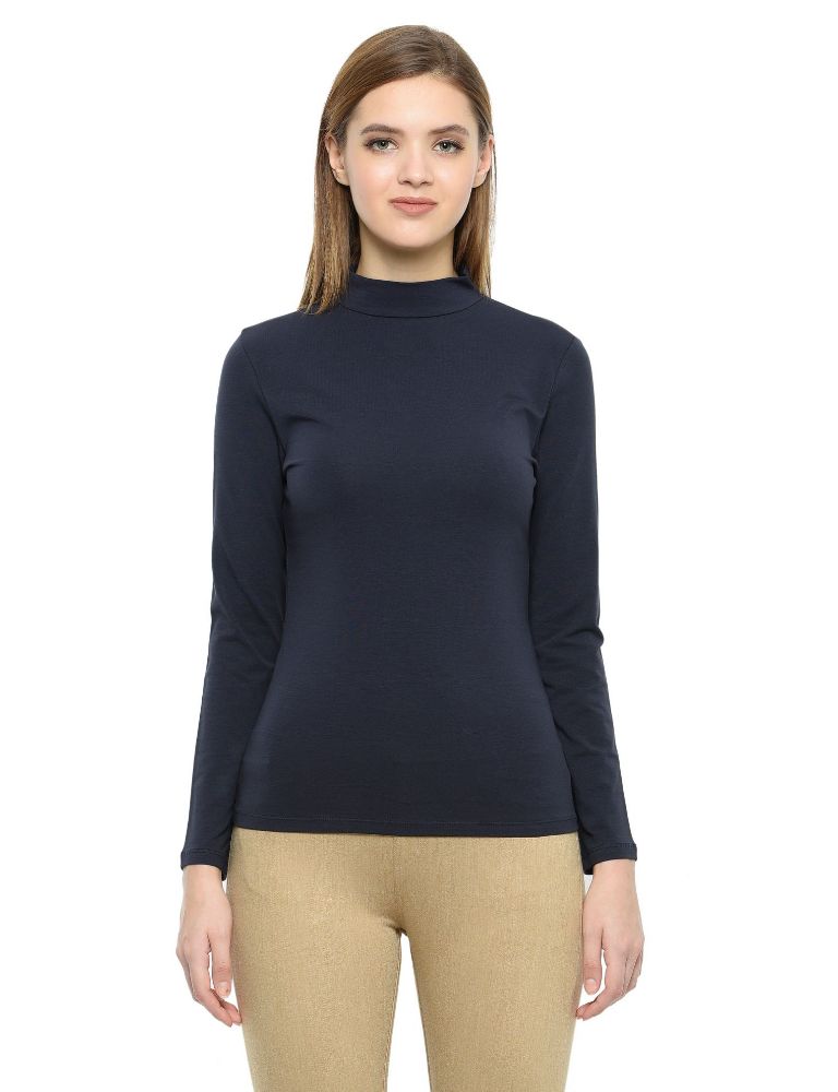 Picture of Frenchtrendz Cotton Spandex Navy Blue Mock Neck Full Sleeve Tops