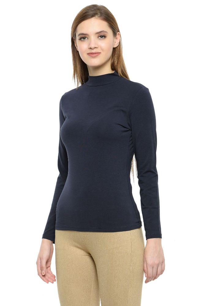 Picture of Frenchtrendz Cotton Spandex Navy Blue Mock Neck Full Sleeve Tops