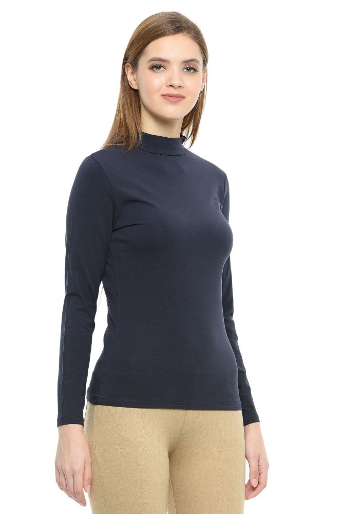 Picture of Frenchtrendz Cotton Spandex Navy Blue Mock Neck Full Sleeve Tops