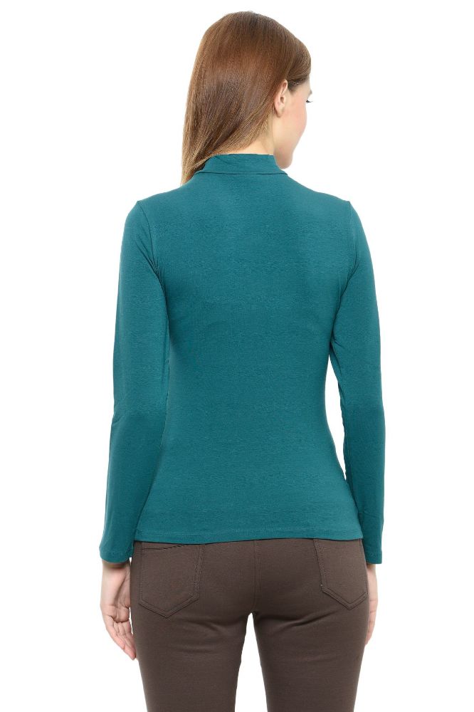 Picture of Frenchtrendz Cotton Spandex Teal Green Mock Neck Full Sleeve Tops