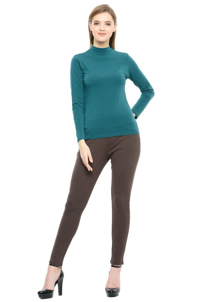 Picture of Frenchtrendz Cotton Spandex Teal Green Mock Neck Full Sleeve Tops