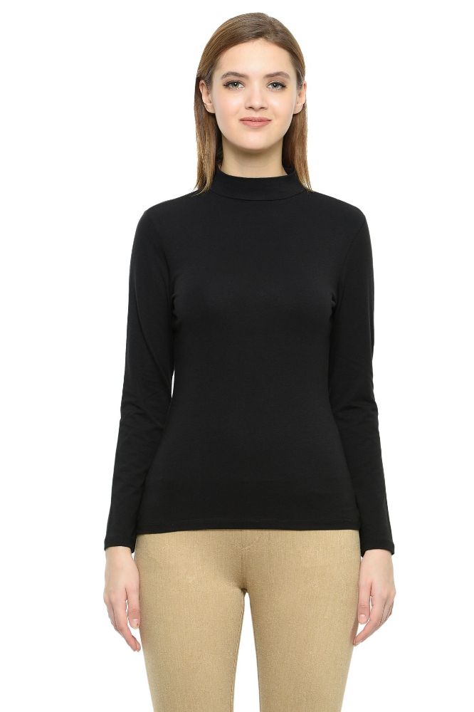 Picture of Frenchtrendz Cotton Spandex Black Mock Neck Full Sleeve Tops