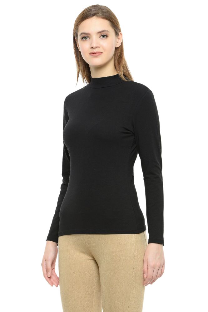 Picture of Frenchtrendz Cotton Spandex Black Mock Neck Full Sleeve Tops