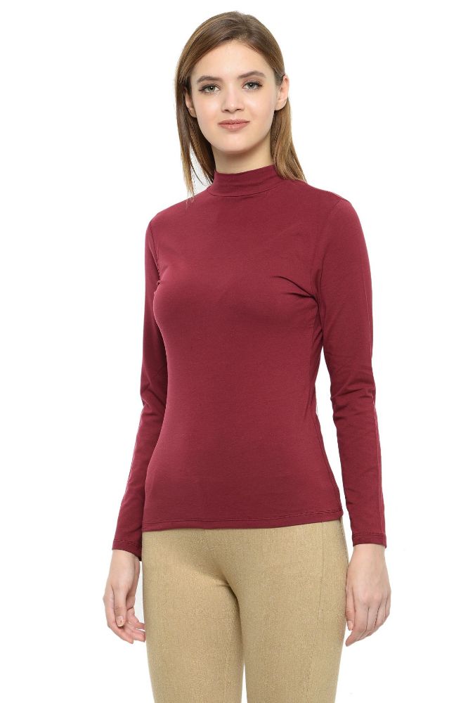 Picture of Frenchtrendz Cotton Spandex Light Maroon Mock Neck Full Sleeve Tops