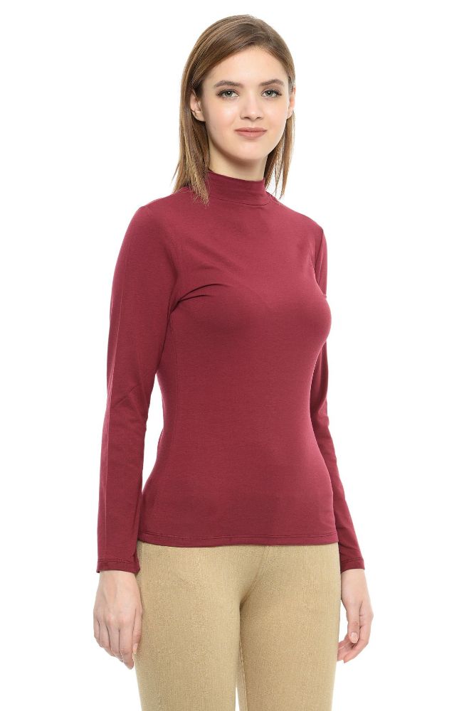 Picture of Frenchtrendz Cotton Spandex Light Maroon Mock Neck Full Sleeve Tops