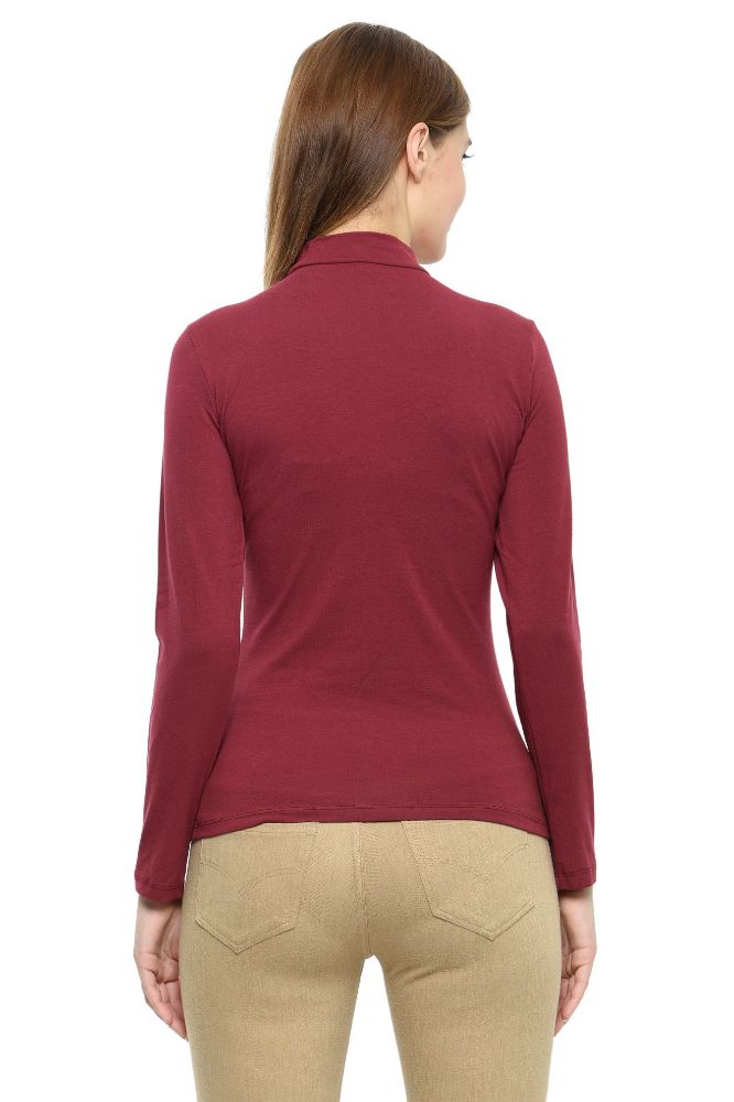 Picture of Frenchtrendz Cotton Spandex Light Maroon Mock Neck Full Sleeve Tops