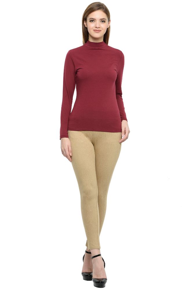 Picture of Frenchtrendz Cotton Spandex Light Maroon Mock Neck Full Sleeve Tops