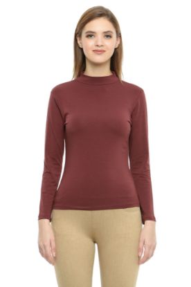 Picture of Frenchtrendz Cotton Spandex Brown Mock Neck Full Sleeve Tops