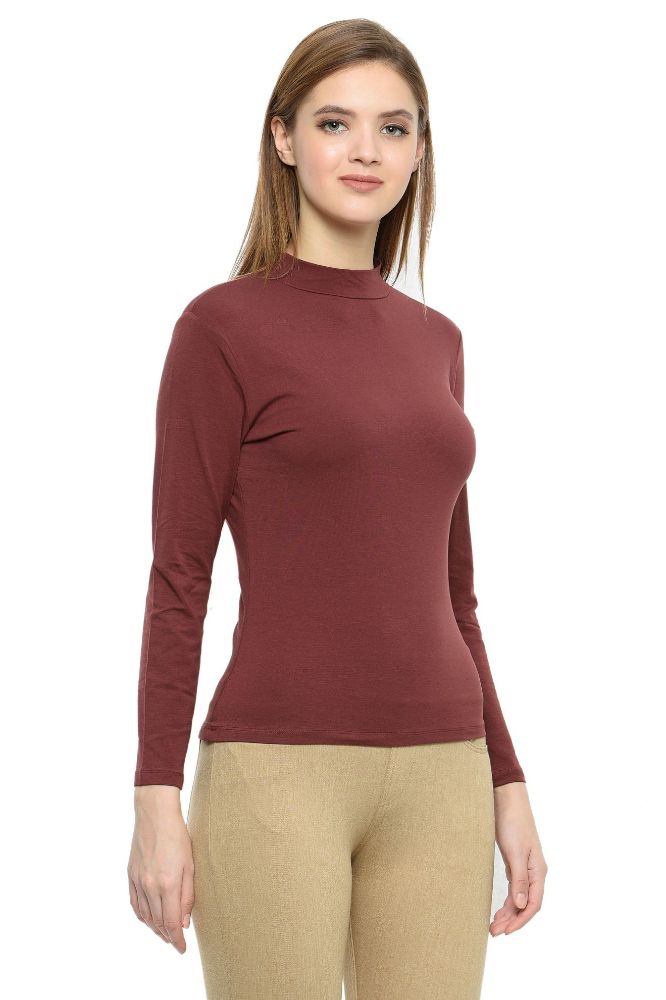 Picture of Frenchtrendz Cotton Spandex Brown Mock Neck Full Sleeve Tops