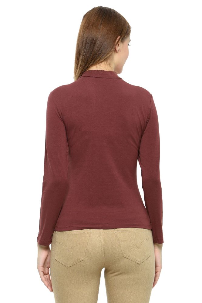 Picture of Frenchtrendz Cotton Spandex Brown Mock Neck Full Sleeve Tops