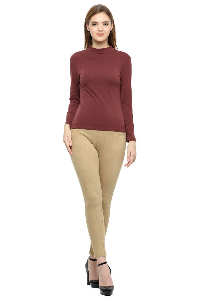 Picture of Frenchtrendz Cotton Spandex Brown Mock Neck Full Sleeve Tops