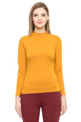 Picture of Frenchtrendz Cotton Spandex Mustard Yellow Mock Neck Full Sleeve Tops