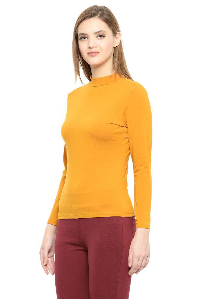 Picture of Frenchtrendz Cotton Spandex Mustard Yellow Mock Neck Full Sleeve Tops
