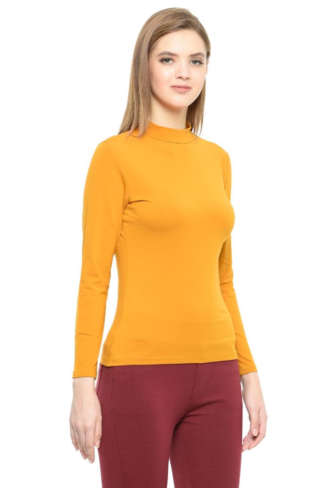 Picture of Frenchtrendz Cotton Spandex Mustard Yellow Mock Neck Full Sleeve Tops