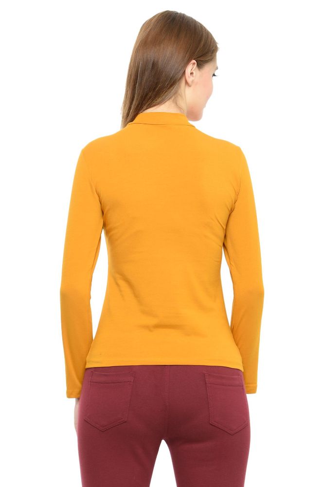 Picture of Frenchtrendz Cotton Spandex Mustard Yellow Mock Neck Full Sleeve Tops