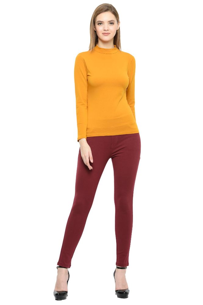 Picture of Frenchtrendz Cotton Spandex Mustard Yellow mock neck Full Sleeve Top