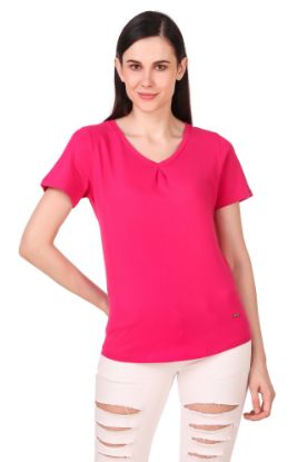 Picture of Frenchtrendz 100% Cotton Pink V-Neck Inverted Pleat Half Sleeve Medium Length Top