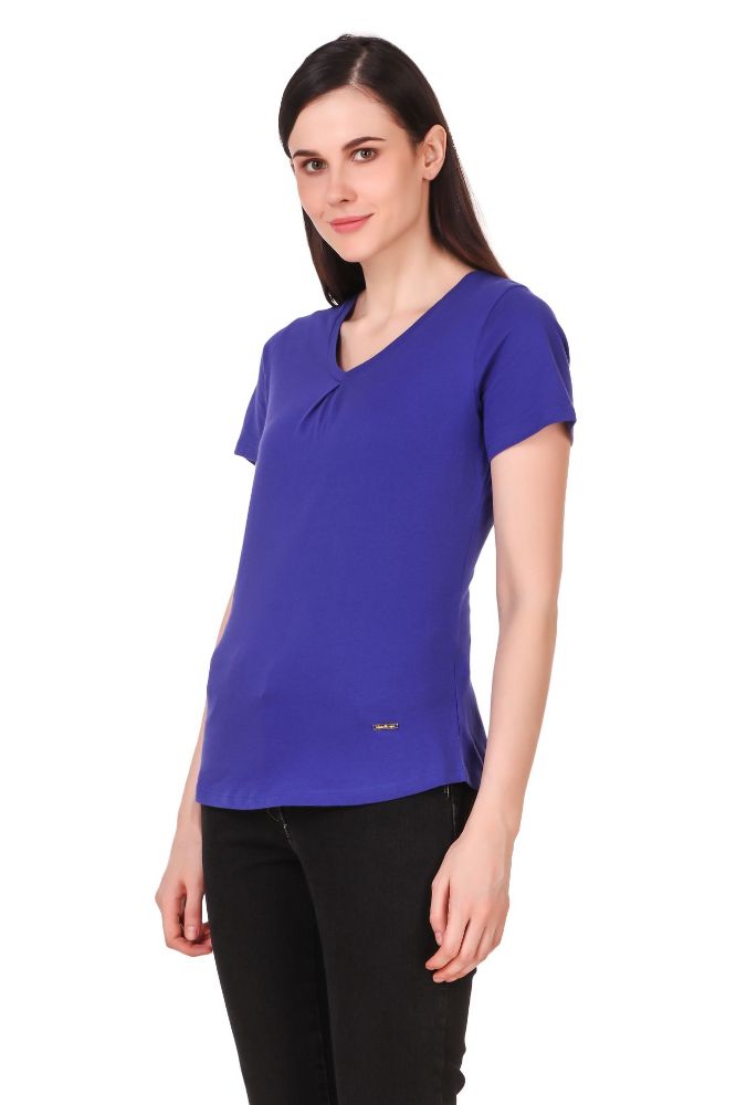 Picture of Frenchtrendz 100% Cotton Ink Blue V-Neck Inverted Pleat Half Sleeve Medium Length Top