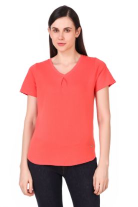 Picture of Frenchtrendz 100% Cotton Coral V-Neck Inverted Pleat Half Sleeve Medium Length Top