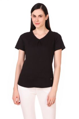 Picture of Frenchtrendz 100% Cotton Black V-Neck Inverted Pleat Half Sleeve Medium Length Top