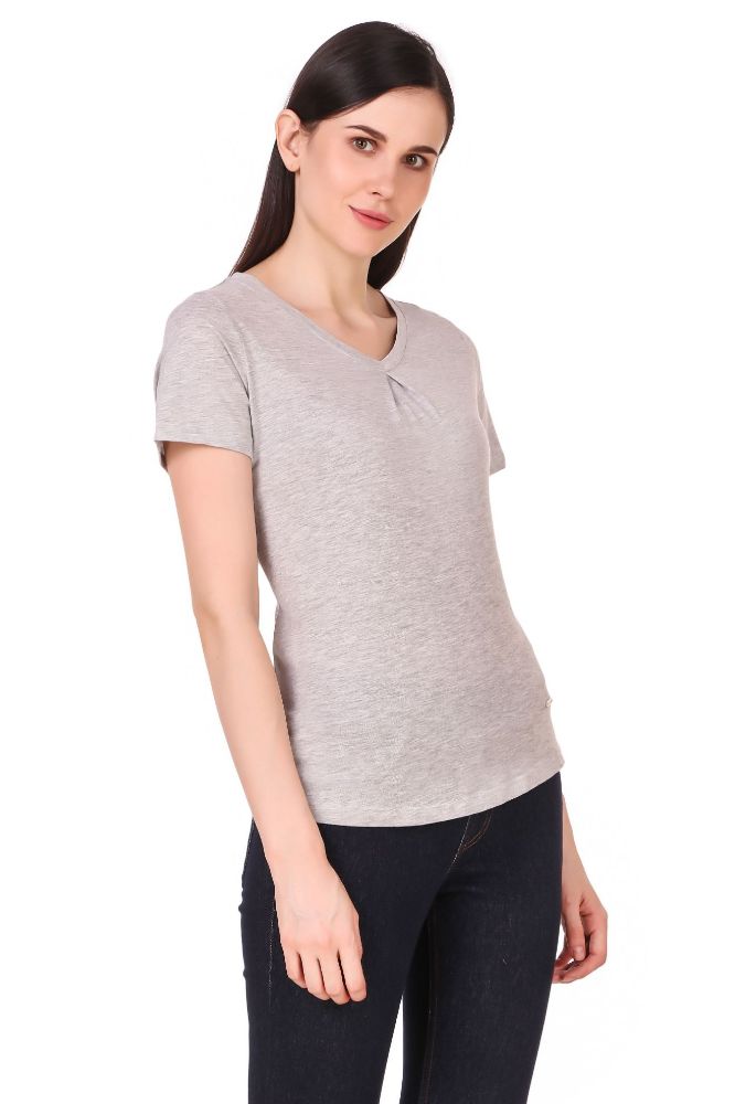 Picture of Frenchtrendz 100% Cotton Grey V-Neck Inverted Pleat Half Sleeve Medium Length Top