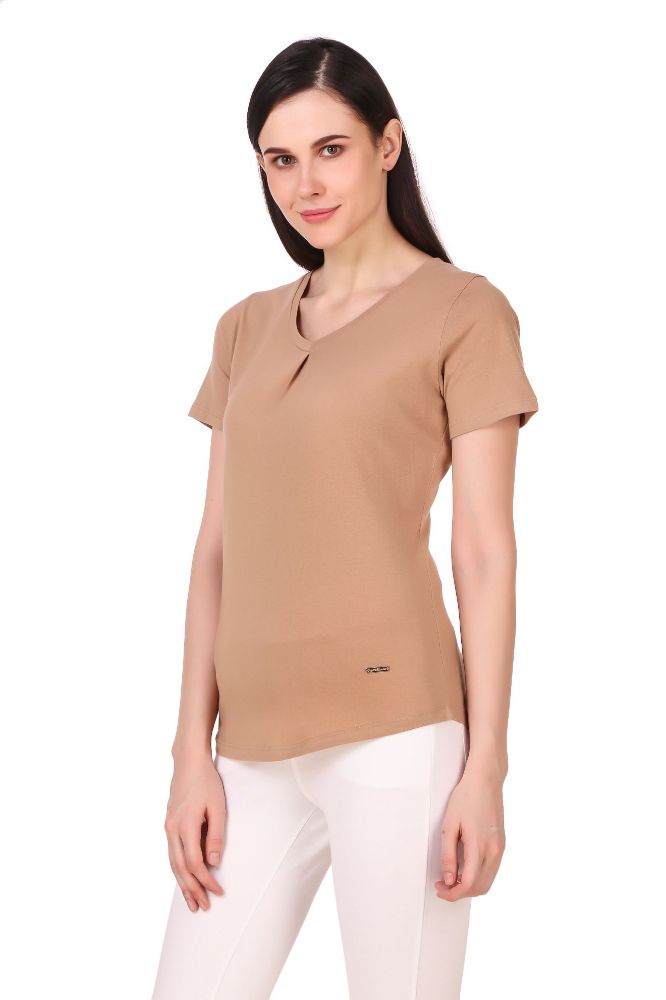 Picture of Frenchtrendz 100% Cotton Beige V-Neck Inverted Pleat Half Sleeve Medium Length Top