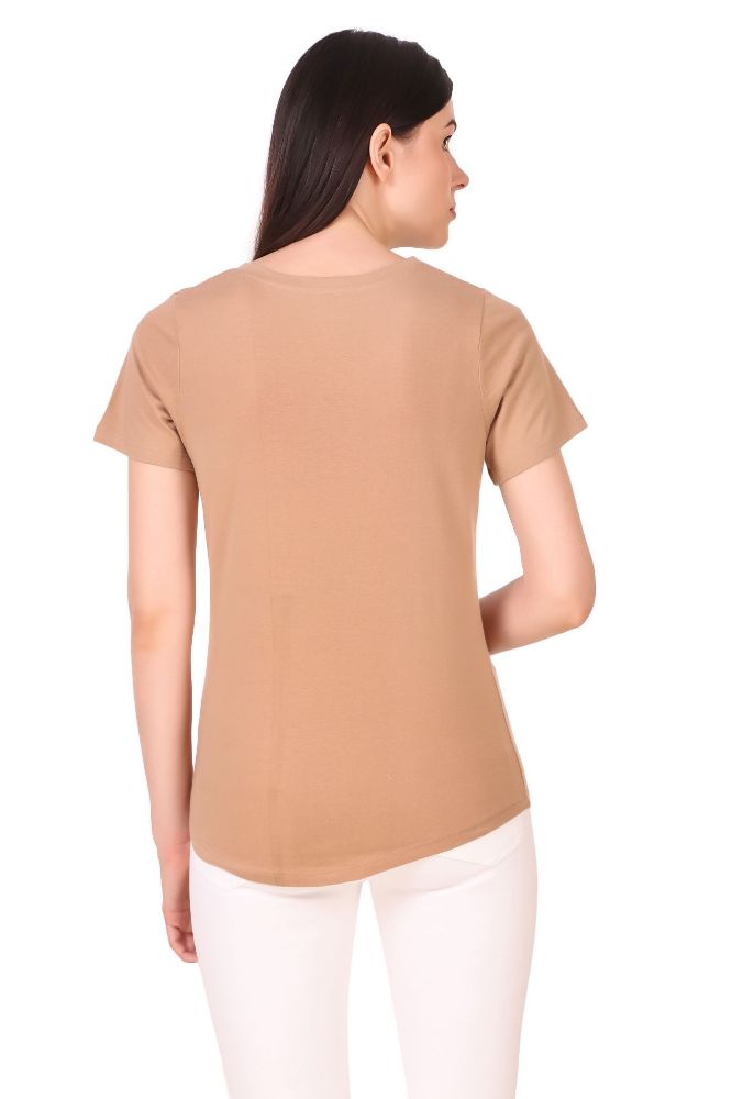 Picture of Frenchtrendz 100% Cotton Beige V-Neck Inverted Pleat Half Sleeve Medium Length Top