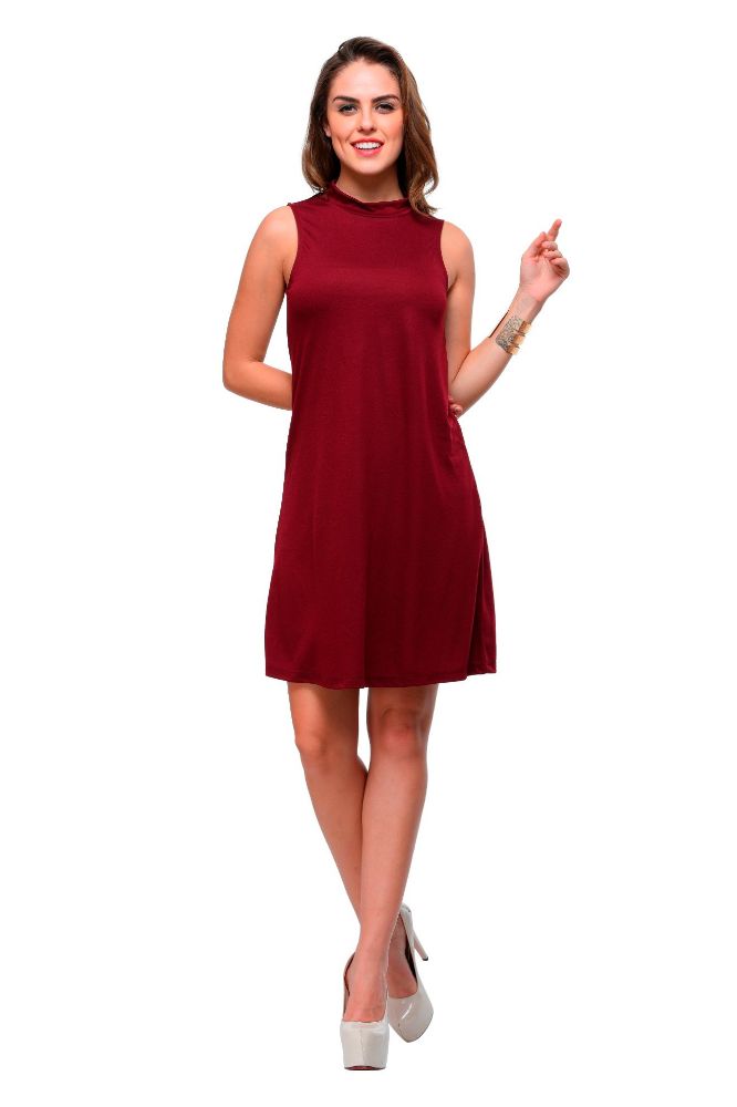 Picture of Frenchtrendz Poly Viscose Dark Maroon Mock Neck Bodycon Sleeveless Dress