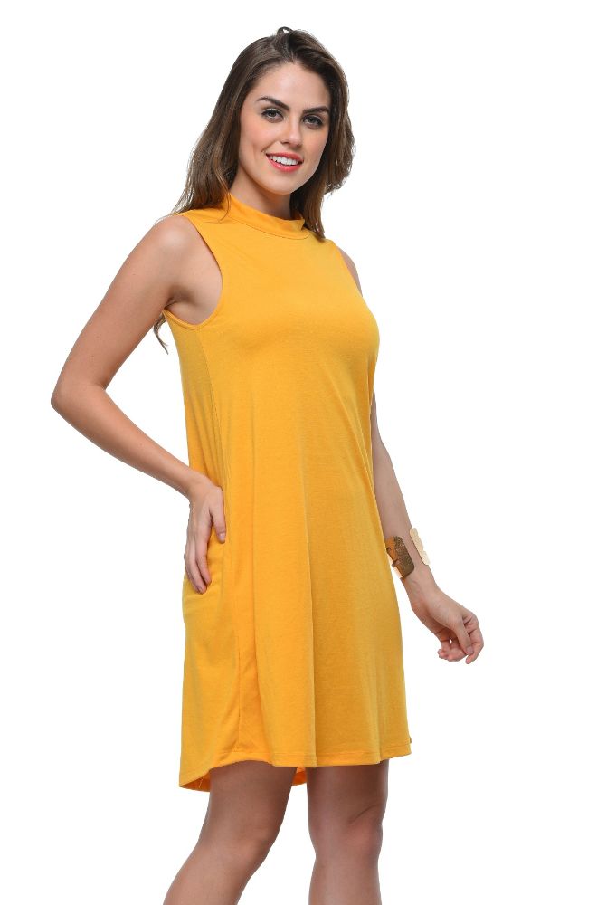 Picture of Frenchtrendz Poly Viscose Mustard Mock Neck Bodycon Sleeveless Dress