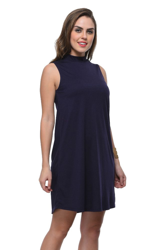 Picture of Frenchtrendz Poly Viscose Navy Mock Neck Bodycon Sleeveless Dress