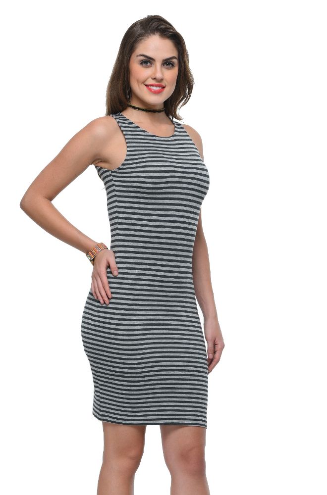 Picture of Frenchtrendz Viscose Spandex Charcoal Grey Round Neck Sleeveless Bodycone Dress