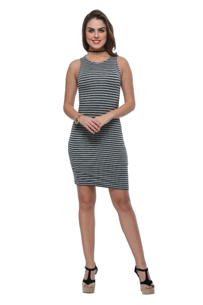 Picture of Frenchtrendz Viscose Spandex Charcoal Grey Round Neck Sleeveless Bodycone Dress