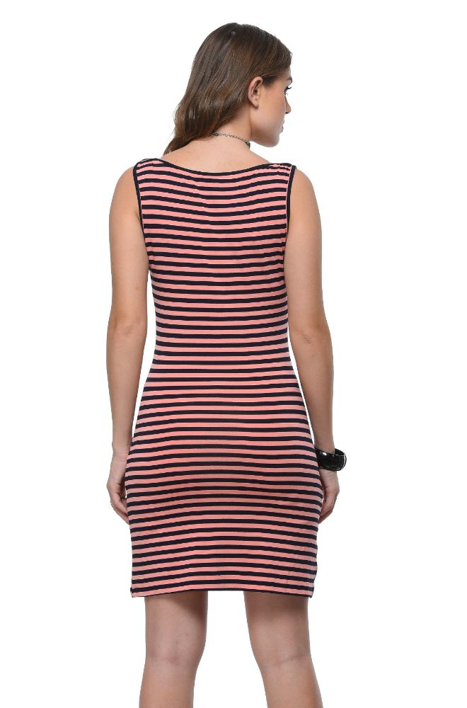 Picture of Frenchtrendz Viscose Spandex Coral Navy Boat Neck Stripe Pattern Dress