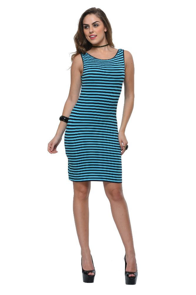 Picture of Frenchtrendz Viscose Spandex Turq Navy Boat Neck Stripe Pattern Dress