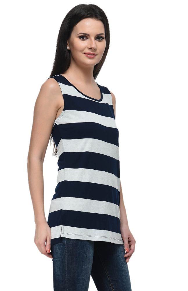 Picture of Frenchtrendz Viscose Navy Oatmeal Sleevelss Long Tops
