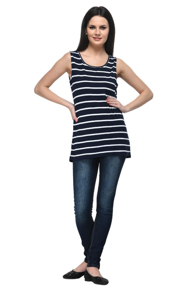 Picture of Frenchtrendz Viscose Navy White Sleevelss Long Tops