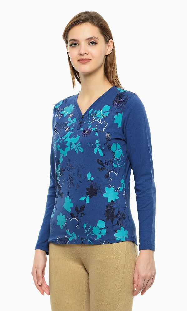 Picture of Frenchtrendz Single Jersey Blue v-neck  Embroidery &Printed Top