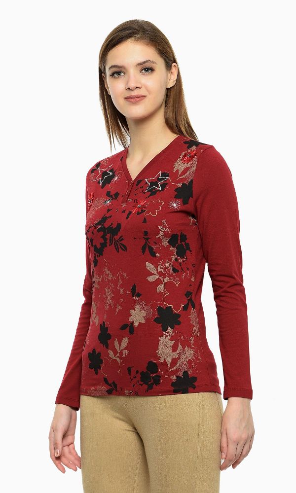 Picture of Frenchtrendz Single Jersey Maroon Embroidery Print Top