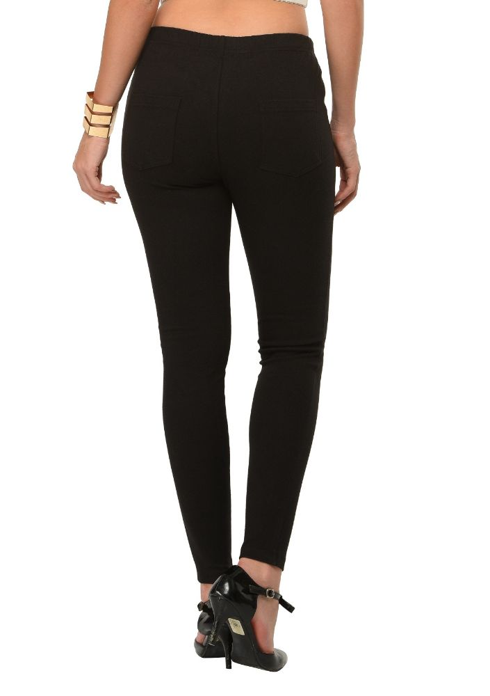 Picture of Frenchtrendz Cotton Modal Spandex Black Solid Look Jeggings