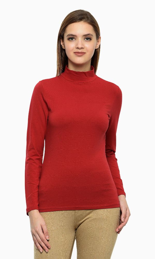 Picture of Frenchtrendz Cotton Spandex Red Mock Neck Full Sleeve Tops