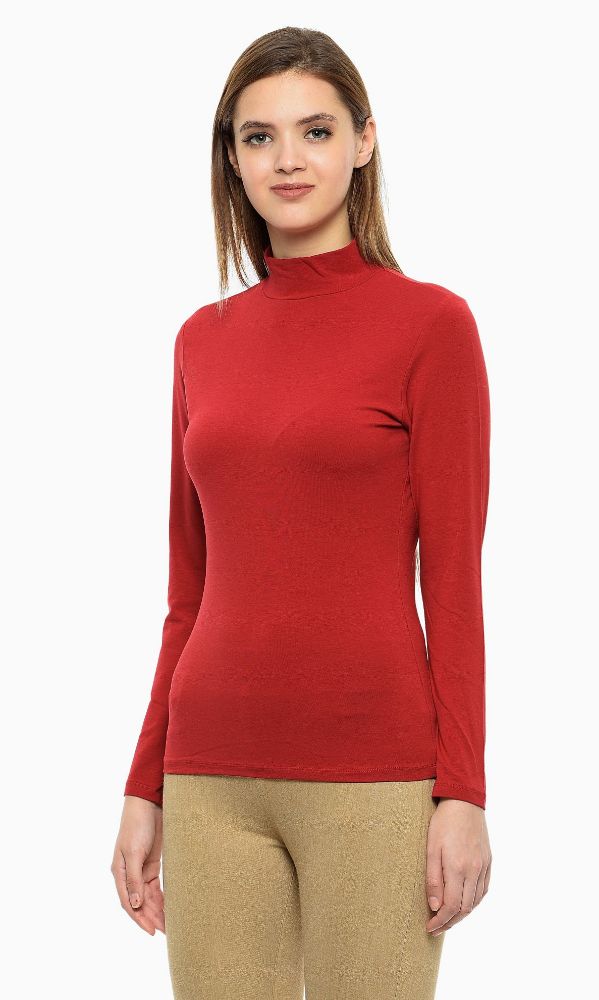 Picture of Frenchtrendz Cotton Spandex Red Mock Neck Full Sleeve Tops