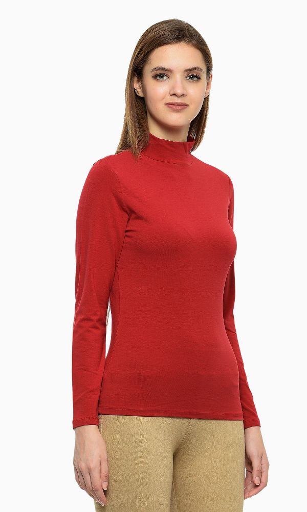 Picture of Frenchtrendz Cotton Spandex Red Mock Neck Full Sleeve Tops