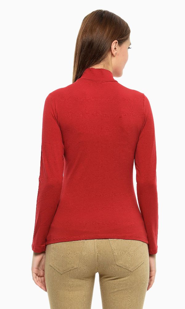 Picture of Frenchtrendz Cotton Spandex Red Mock Neck Full Sleeve Tops