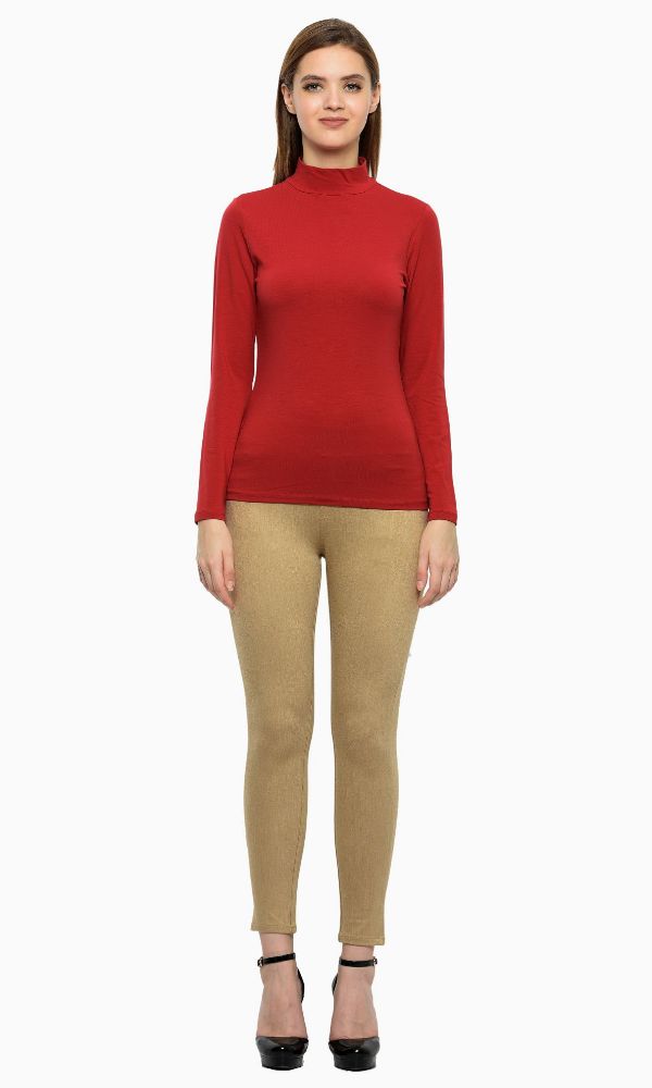 Picture of Frenchtrendz Cotton Spandex Red Mock Neck Full Sleeve Tops