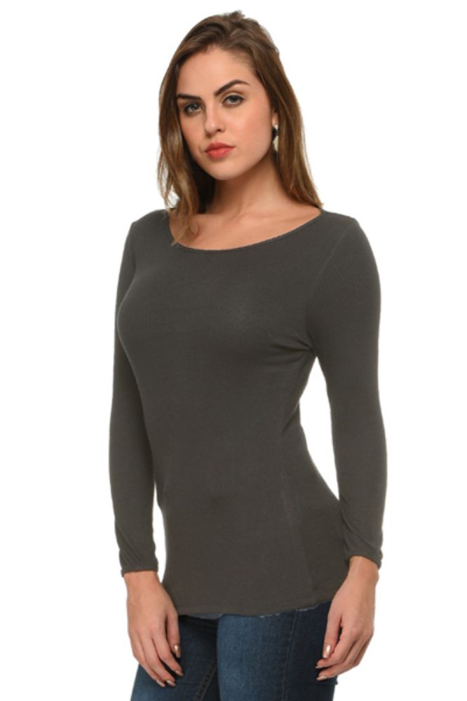 Picture of Frenchtrendz Bateau Neck Rib Viscose Charcoal Full Sleeves Tops